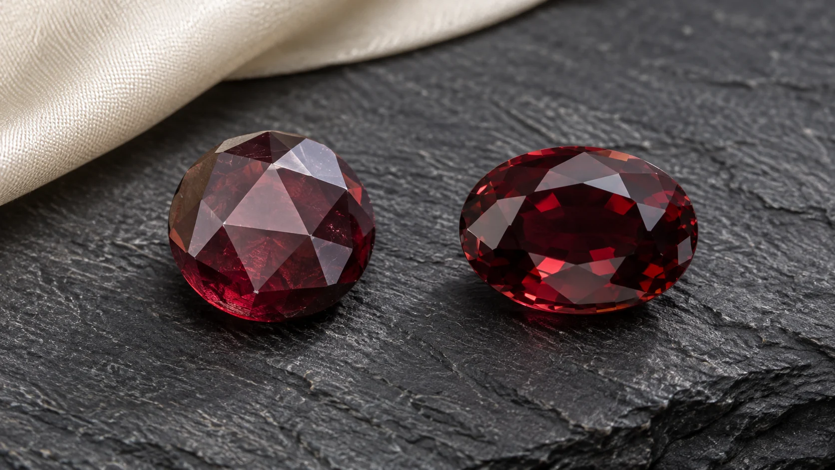 Garnet editorial - one wine-red round rose-cut garnet and one deep-red oval garnet on charcoal slate with ivory fabric edge