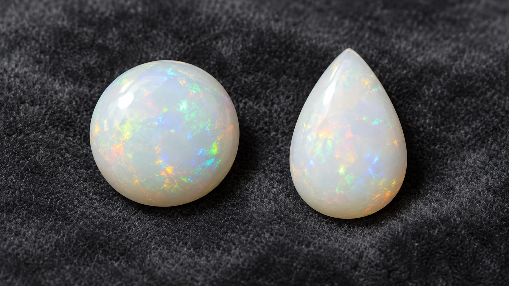 Opal editorial - one milky-white round opal cabochon with subtle green orange blue play of colour and one white teardrop opal on dark grey velvet, no false faceting