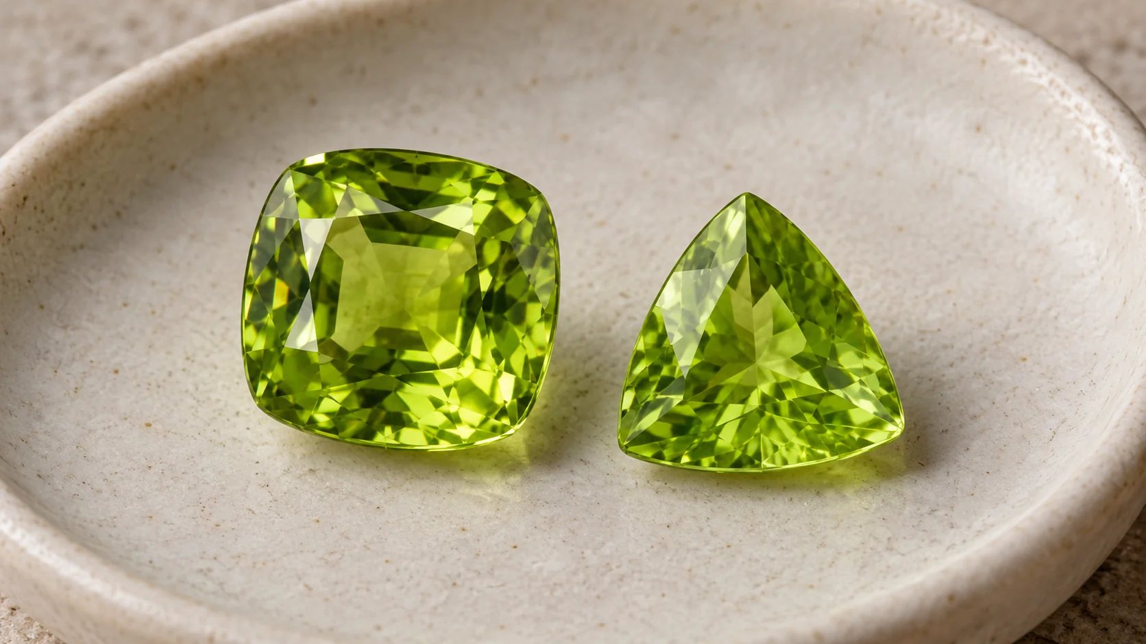 Peridot editorial - one fresh-yellow-green cushion peridot and one lime-green triangular peridot in a plain ivory stone dish