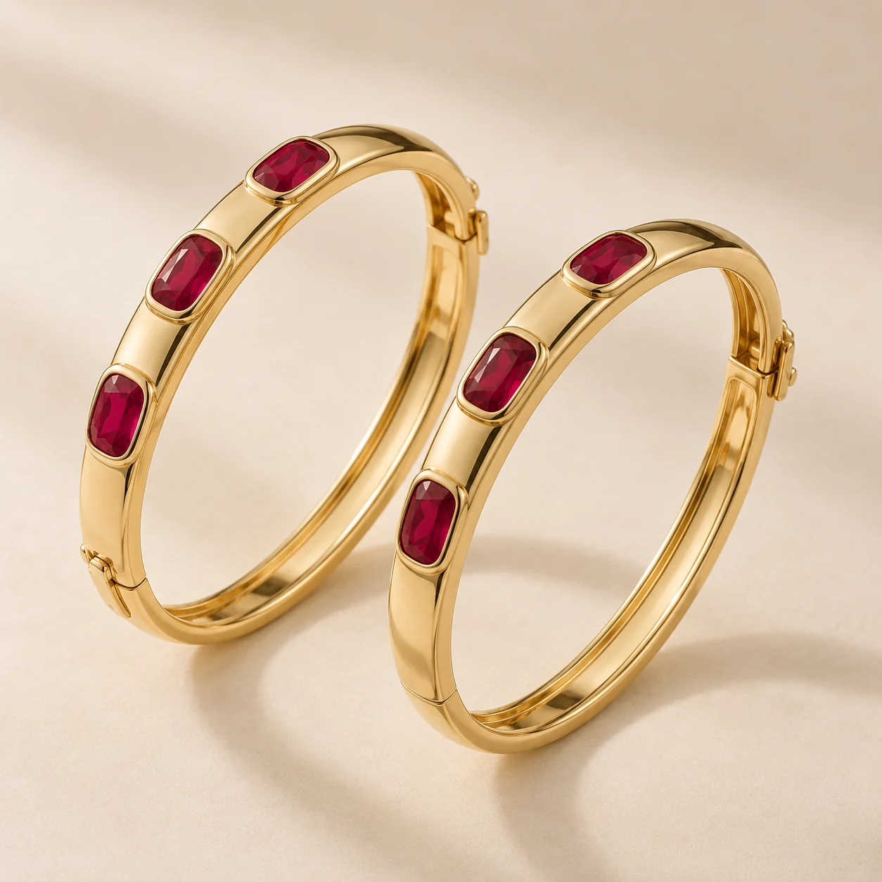 Surkh Ruby Bangle Pair - Two matching hinged ruby karas.