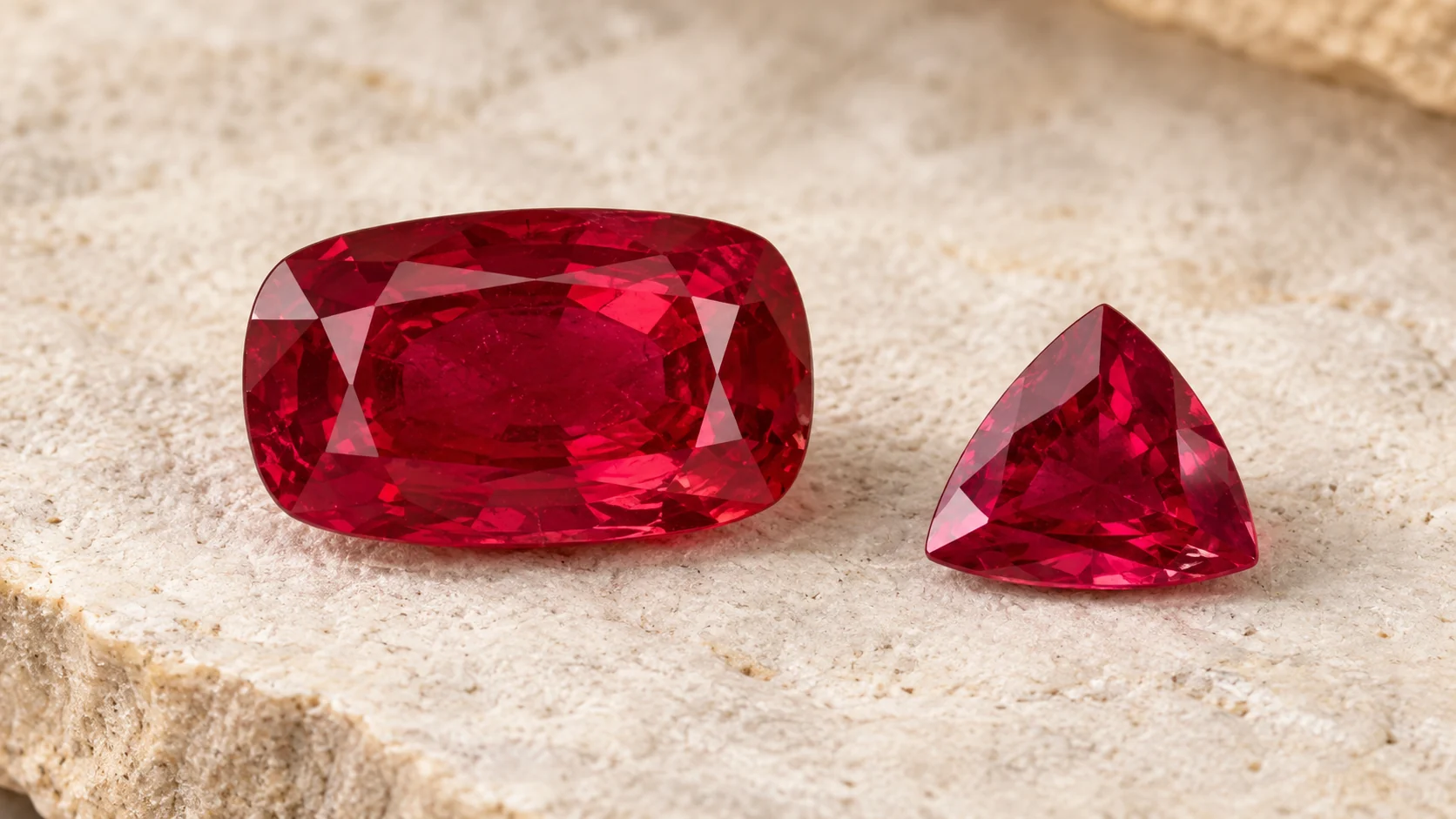 Ruby editorial - one elongated cushion red ruby and one smaller triangular red ruby on ivory sandstone