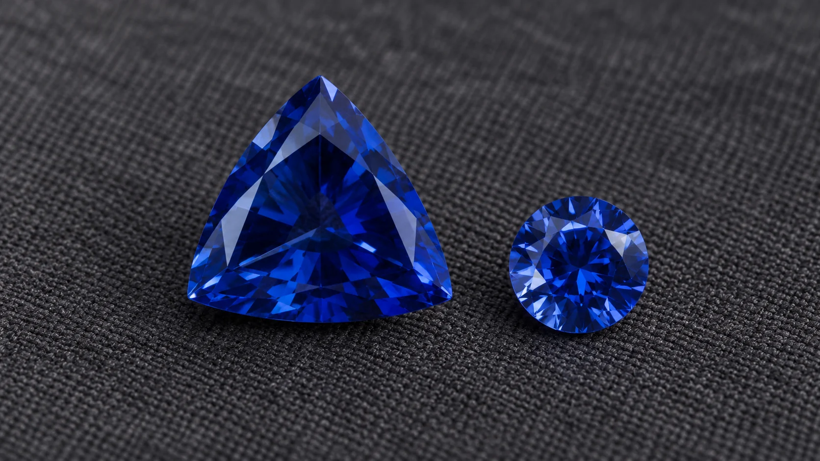 Sapphire editorial - one royal-blue trillion-cut sapphire balanced beside a smaller round blue sapphire on charcoal linen