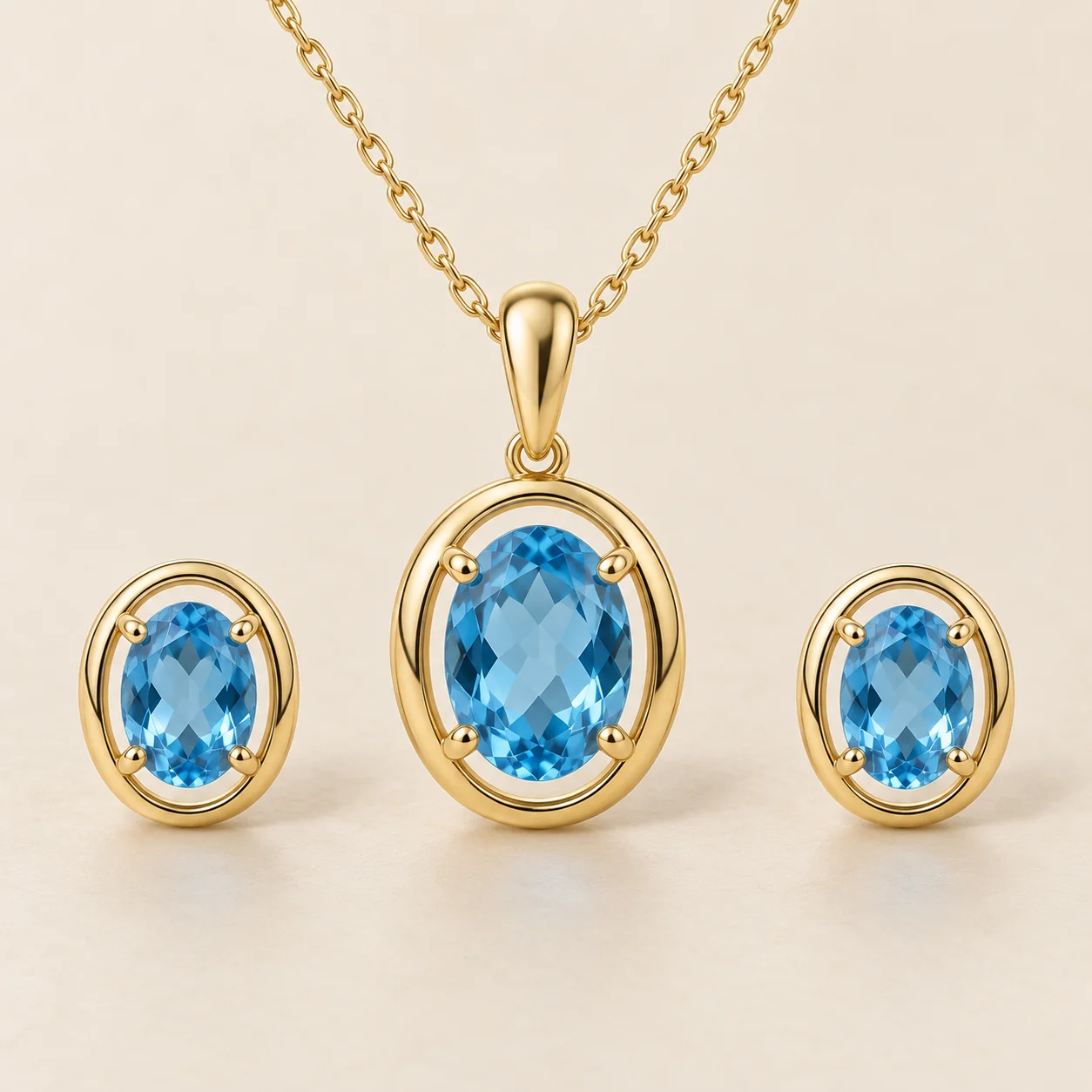 Nahr Blue Topaz Pendant Set - One blue topaz pendant with chain and two matching studs.
