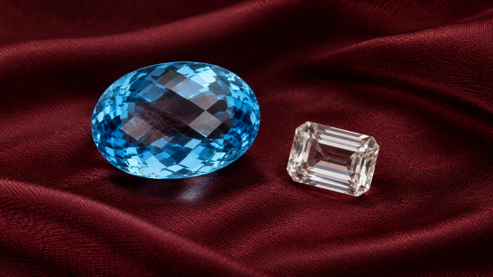 Topaz editorial - one Swiss-blue oval checkerboard-cut topaz beside a colourless small rectangular topaz on burgundy silk