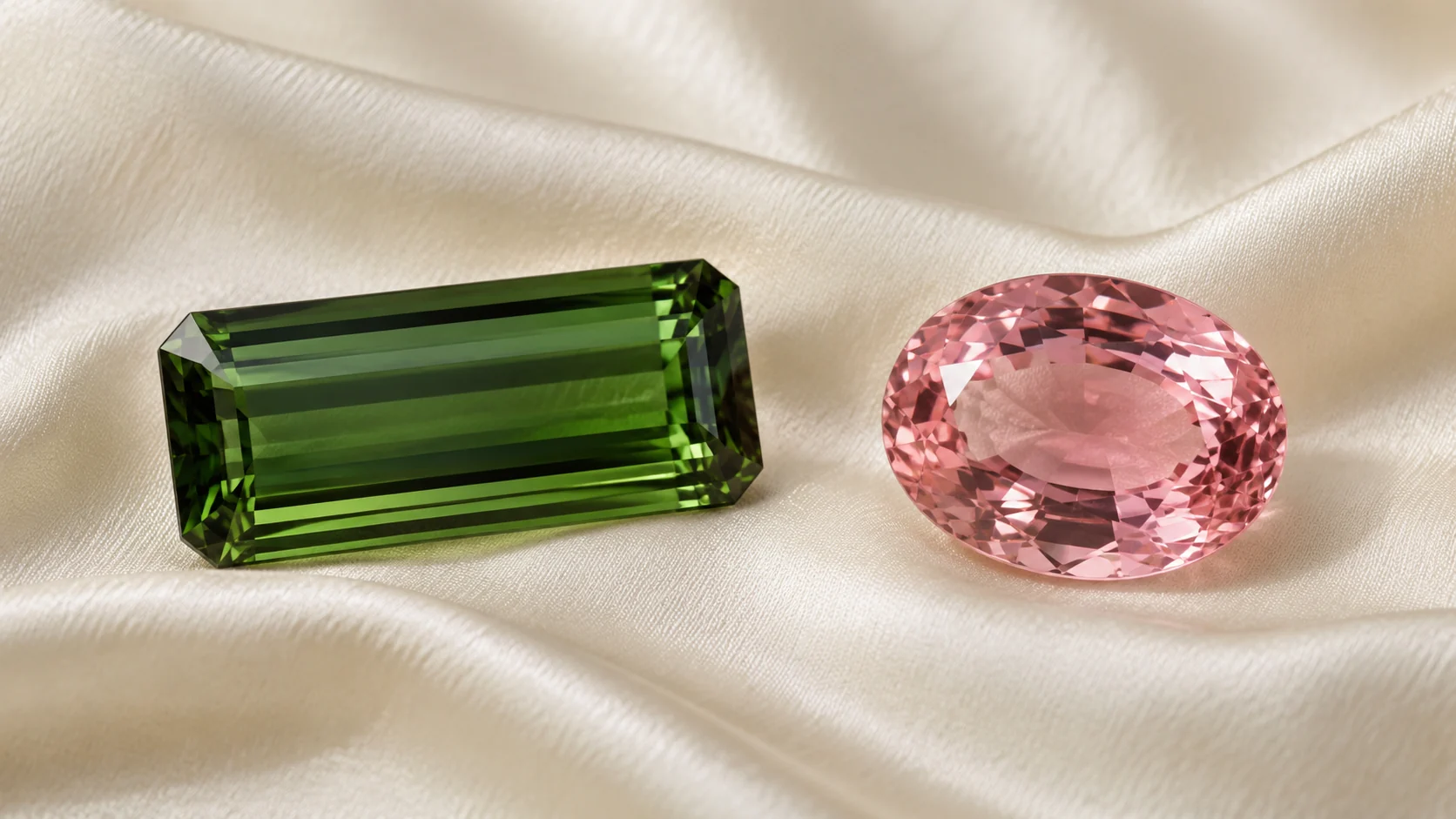 Tourmaline editorial - one forest-green long rectangular emerald-cut tourmaline beside one pale-pink oval tourmaline on ivory pleated silk