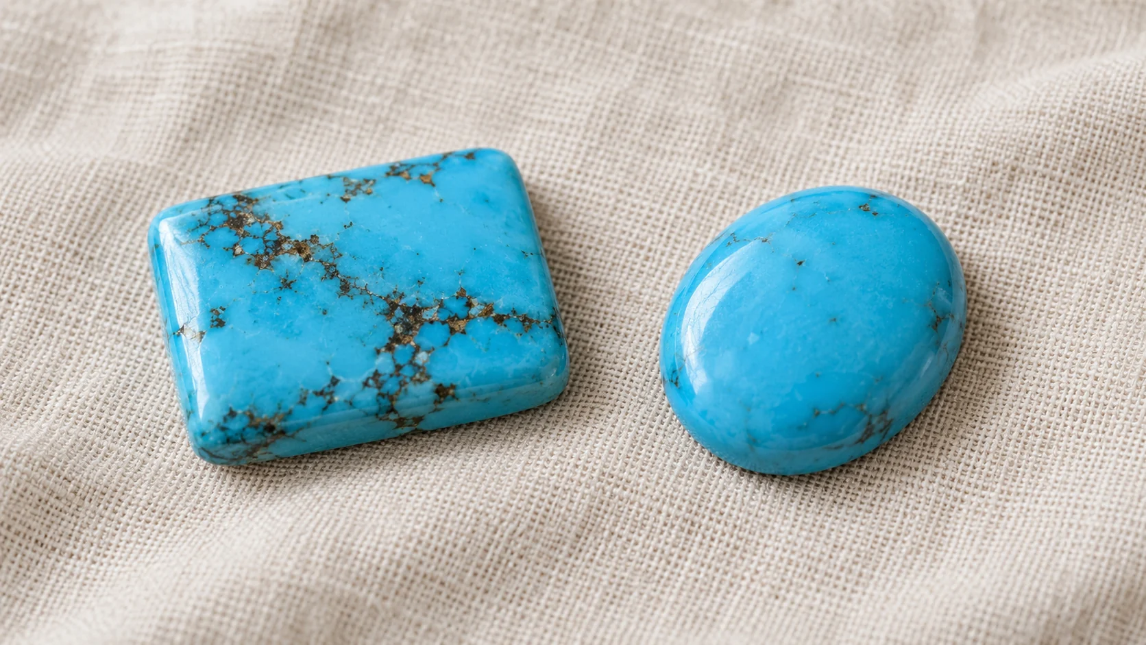 Turquoise editorial - one opaque sky-blue rectangular turquoise cabochon with subtle dark matrix and one smooth blue oval turquoise cabochon on ivory linen