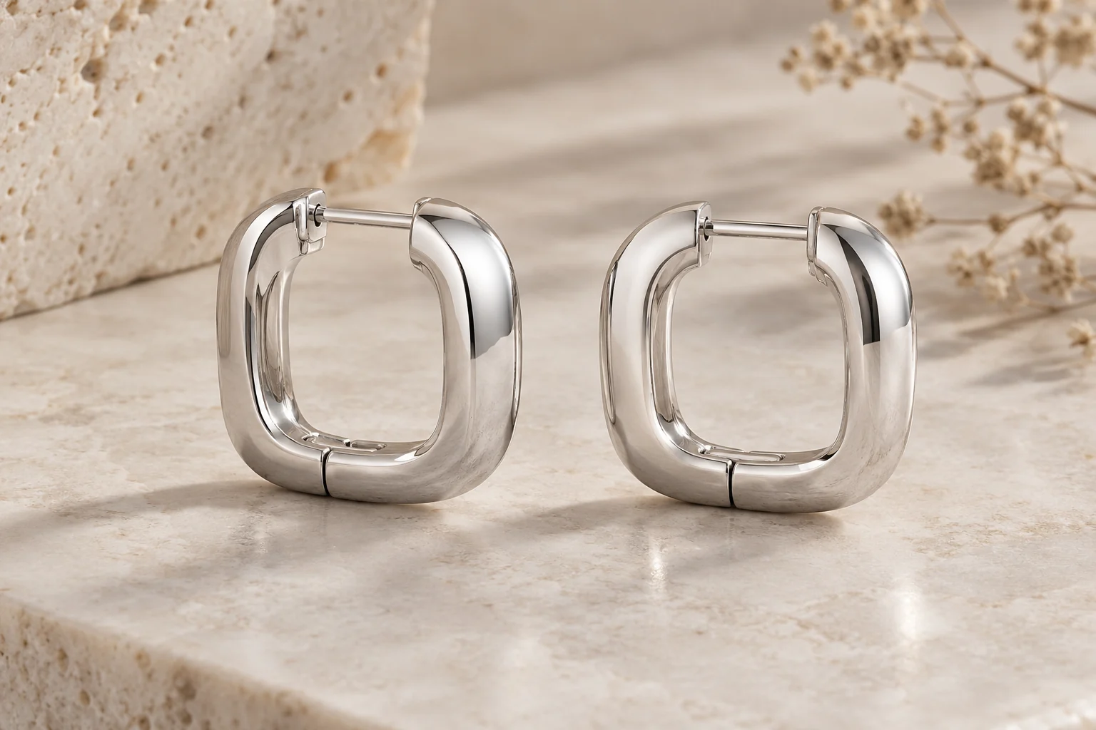 Silver Earrings editorial - exactly two polished silver wide rounded-square hinged hoops with smooth mirror faces and visible sturdy snap posts, not oval or fluted