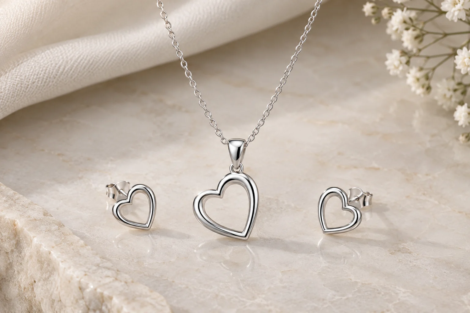 Silver Pendants editorial - polished silver open heart pendant and exactly two matching small open heart studs with delicate silver cable chain, no text